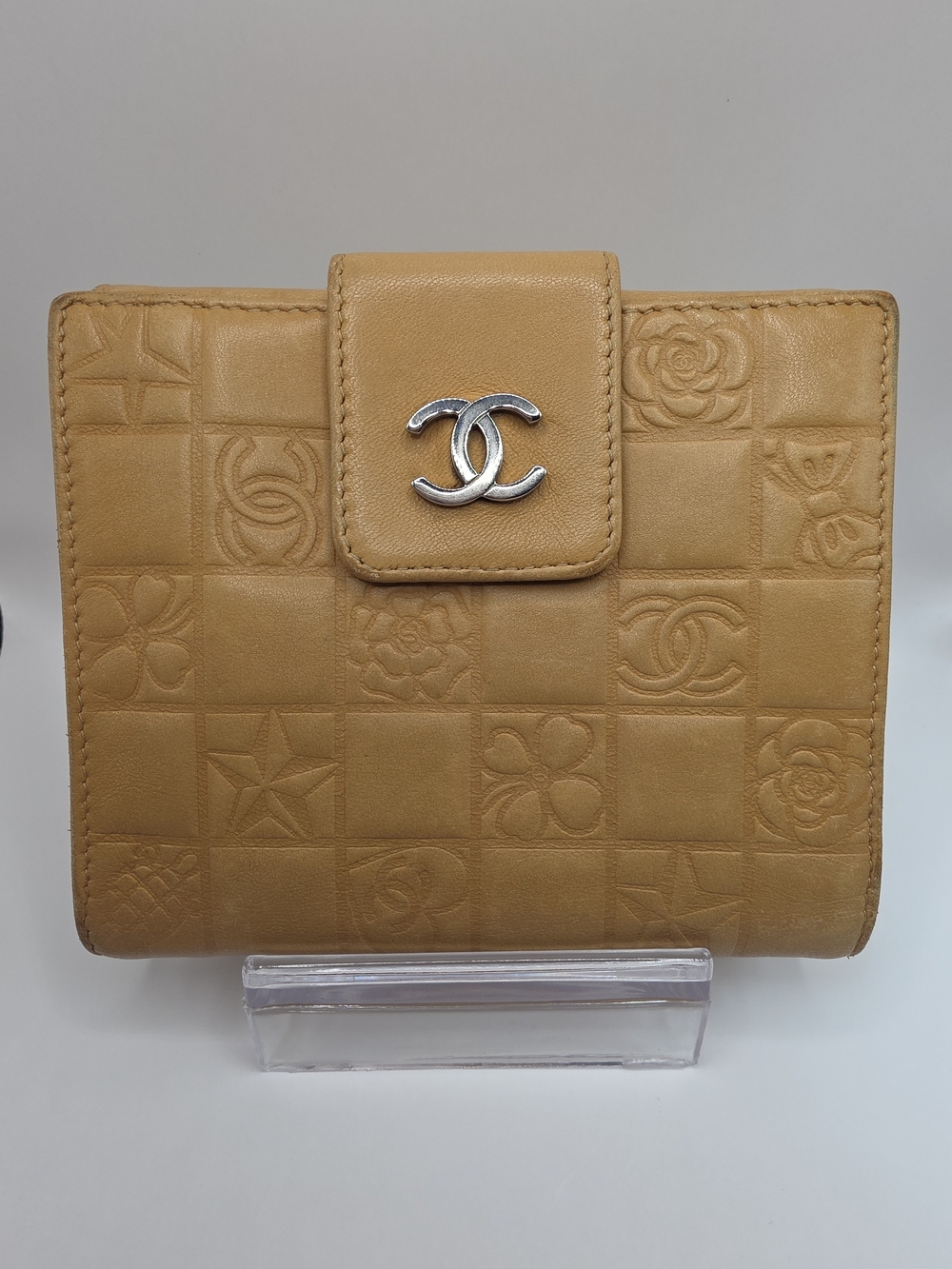 CHANEL Tan Quilted Camellia & CC Motif Leather Wallet with Silver CC- Free COA